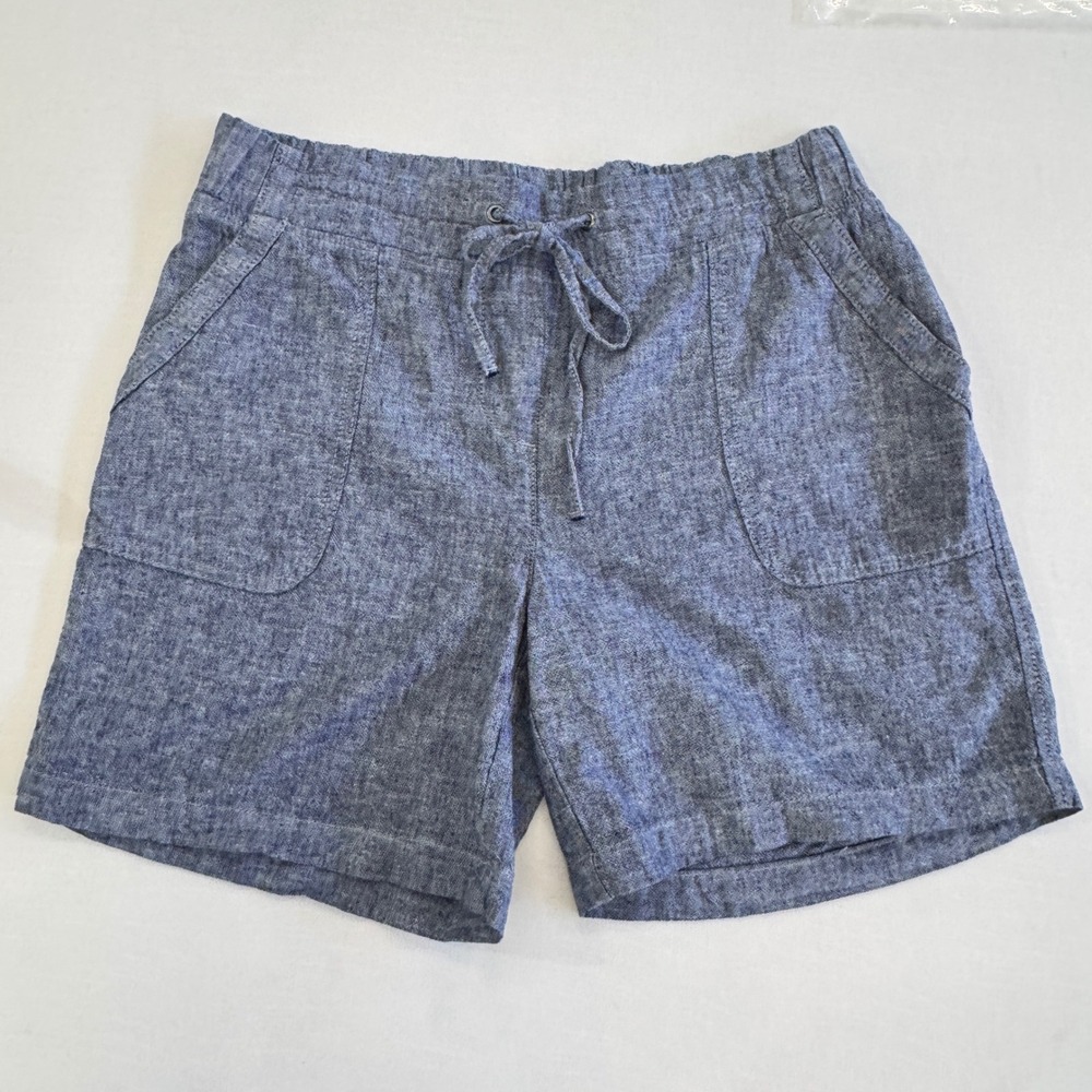 Talbots Womens Blue Linen Blend Chambray Drawstring Shorts Size 8P Mid Rise